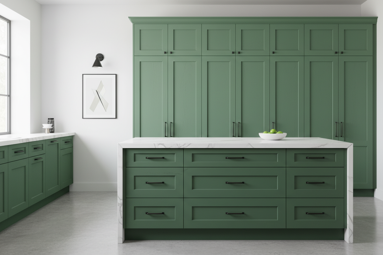 Transitional kitchen design with Sherwin-Williams Billiard Green SW0016 cabinets