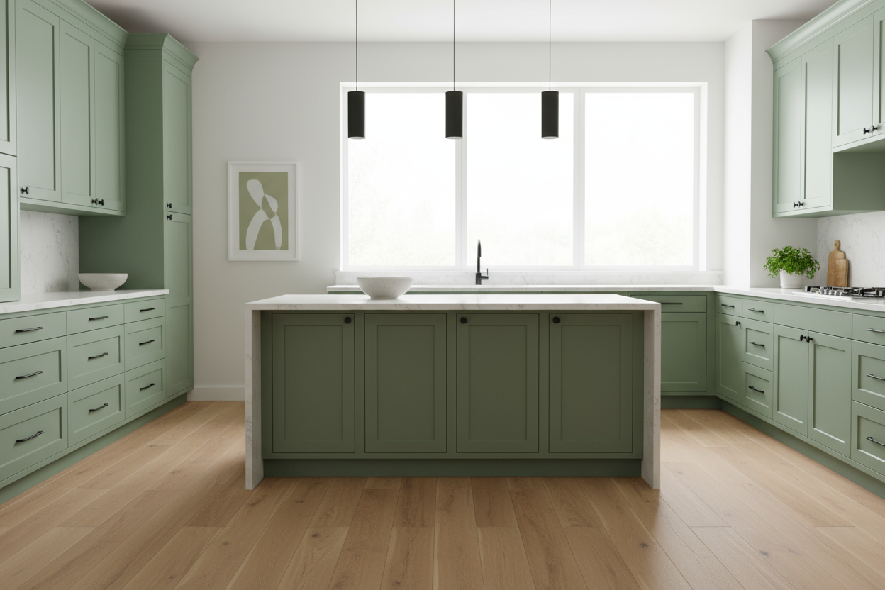 Transitional kitchen design with Sherwin-Williams Isle of Pines SW6461 cabinets