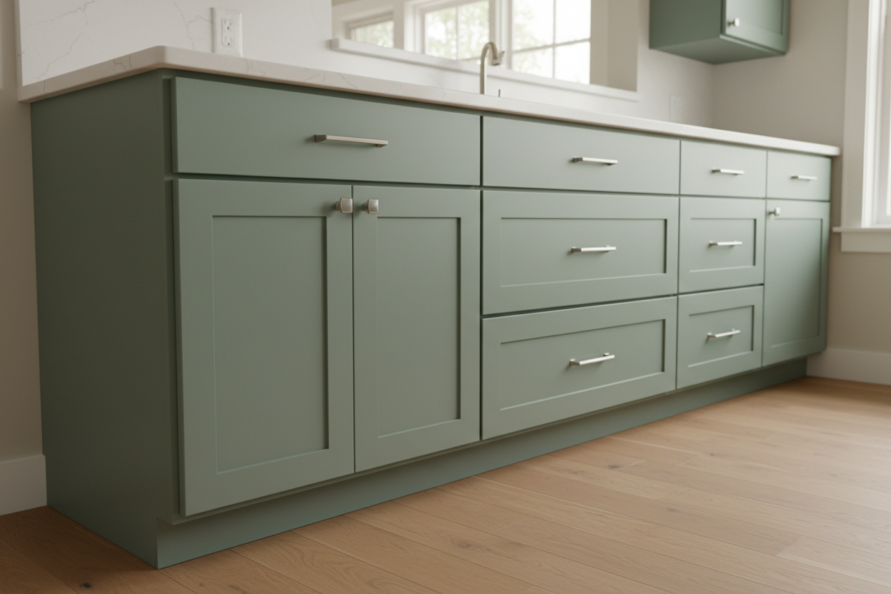 Sherwin-Williams Quietude SW6212 kitchen cabinets