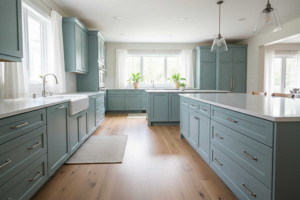 Sherwin-Williams Rainwashed SW6211 kitchen cabinets