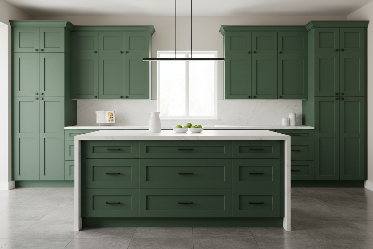 Transitional kitchen design with Sherwin-Williams Shade Grown SW6188 cabinets
