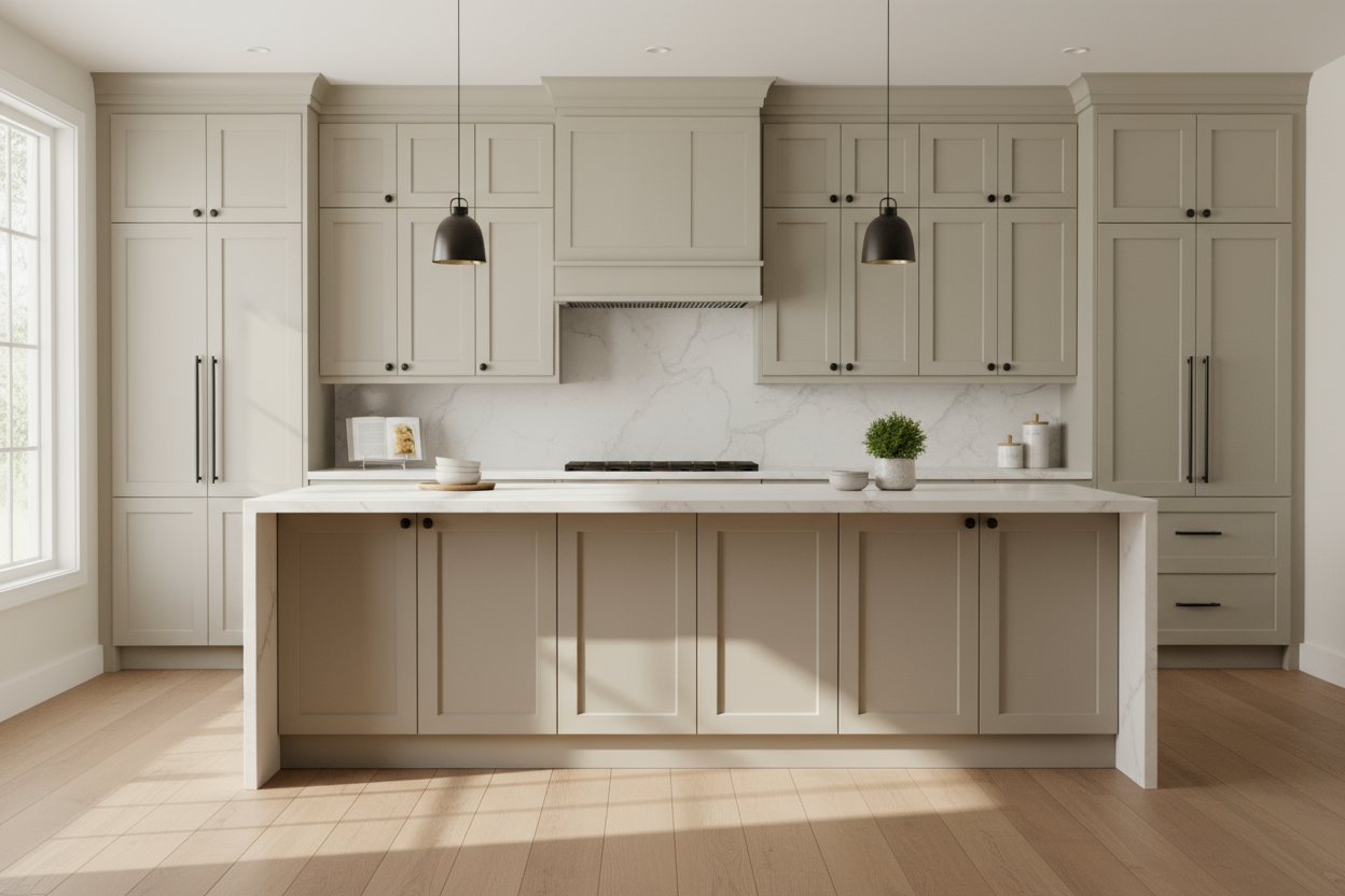 Full-overlay, Shaker-style cabinets painted Sherwin Williams Fleur de Sel (SW 7666), no face frame visible, perfectly aligned door and drawer fronts, recessed Shaker panels, white quartz waterfall island, matte black hardware, light oak or concrete floors, minimal decor, soft natural daylight, cinematic 8k high-contrast rendering.