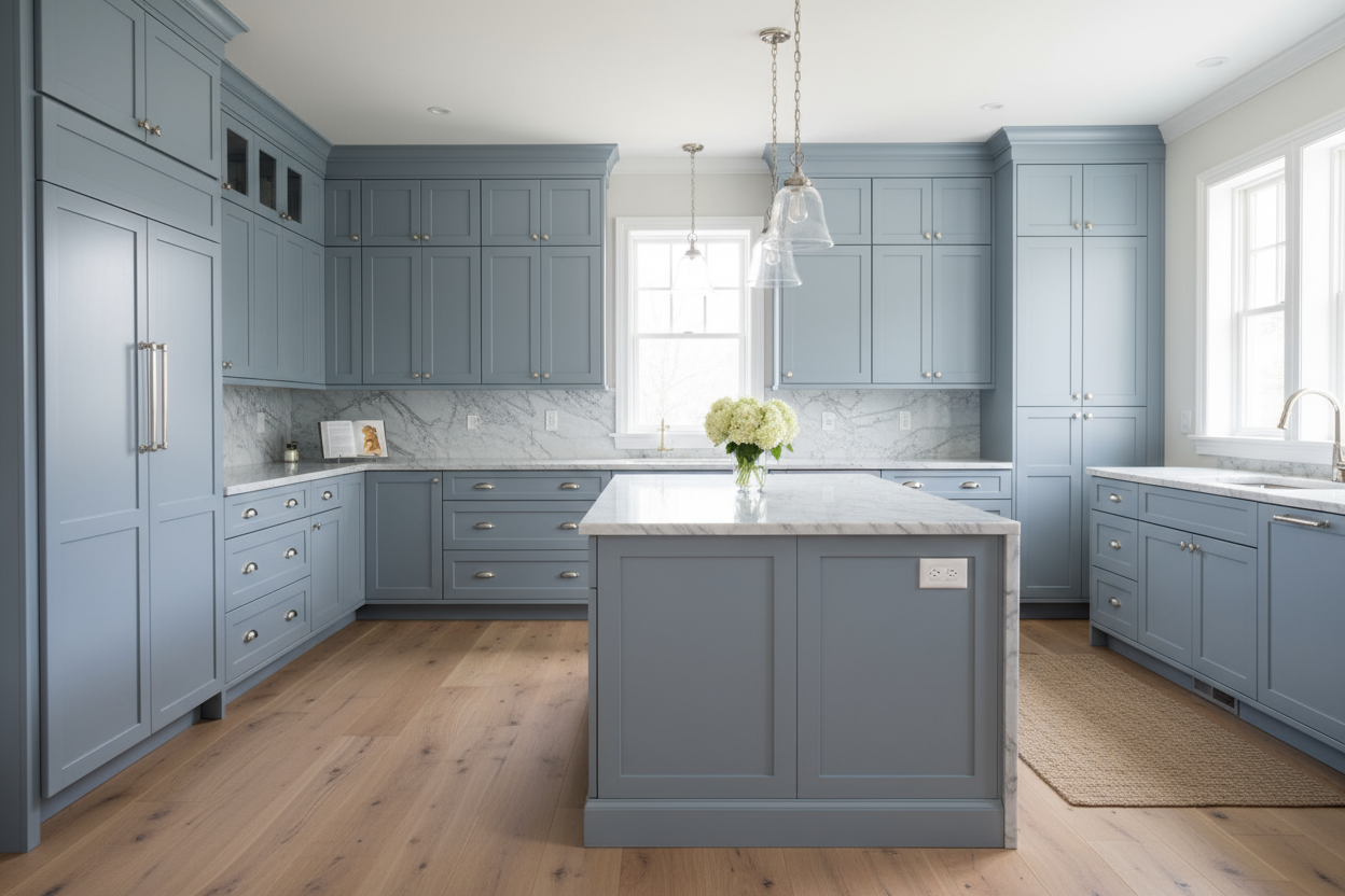 Transitional kitchen design with Sherwin-Williams Revel Blue SW6530 cabinets