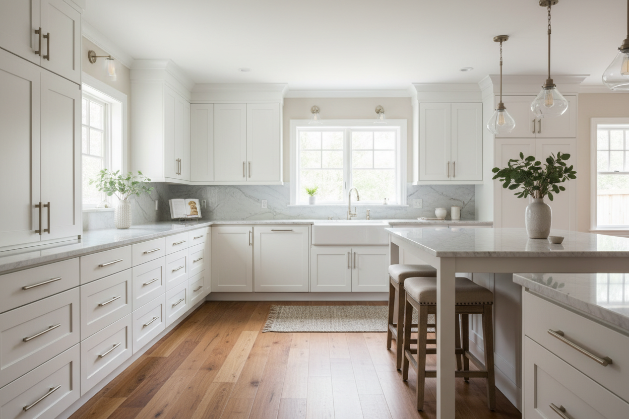 Sherwin-Williams Extra White SW7006 kitchen cabinets