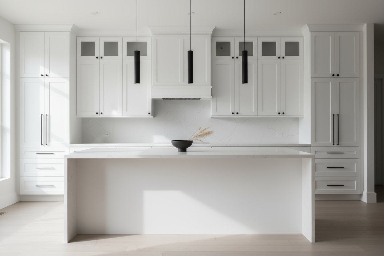 Full-overlay Shaker-style kitchen cabinets painted Sherwin Williams Greek Villa (SW 7551), no face frame visible, all drawers and doors use recessed Shaker panels (no slab fronts), white quartz waterfall island, matte black hardware, concrete or white oak flooring, minimal modern decor, high-contrast lighting, cinematic 8k realism.