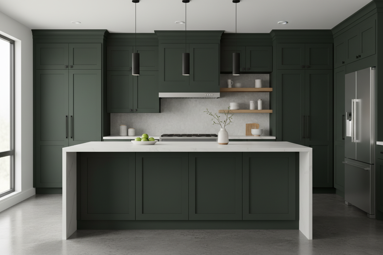 Full-overlay Shaker-style kitchen cabinets painted Sherwin-Williams Greenblack (SW 6994), no face frame visible, all drawers and doors use recessed Shaker panels (no slab fronts), white quartz waterfall island, matte black hardware, concrete or light oak flooring, minimal modern decor, soft daylight, cinematic 8k realism.