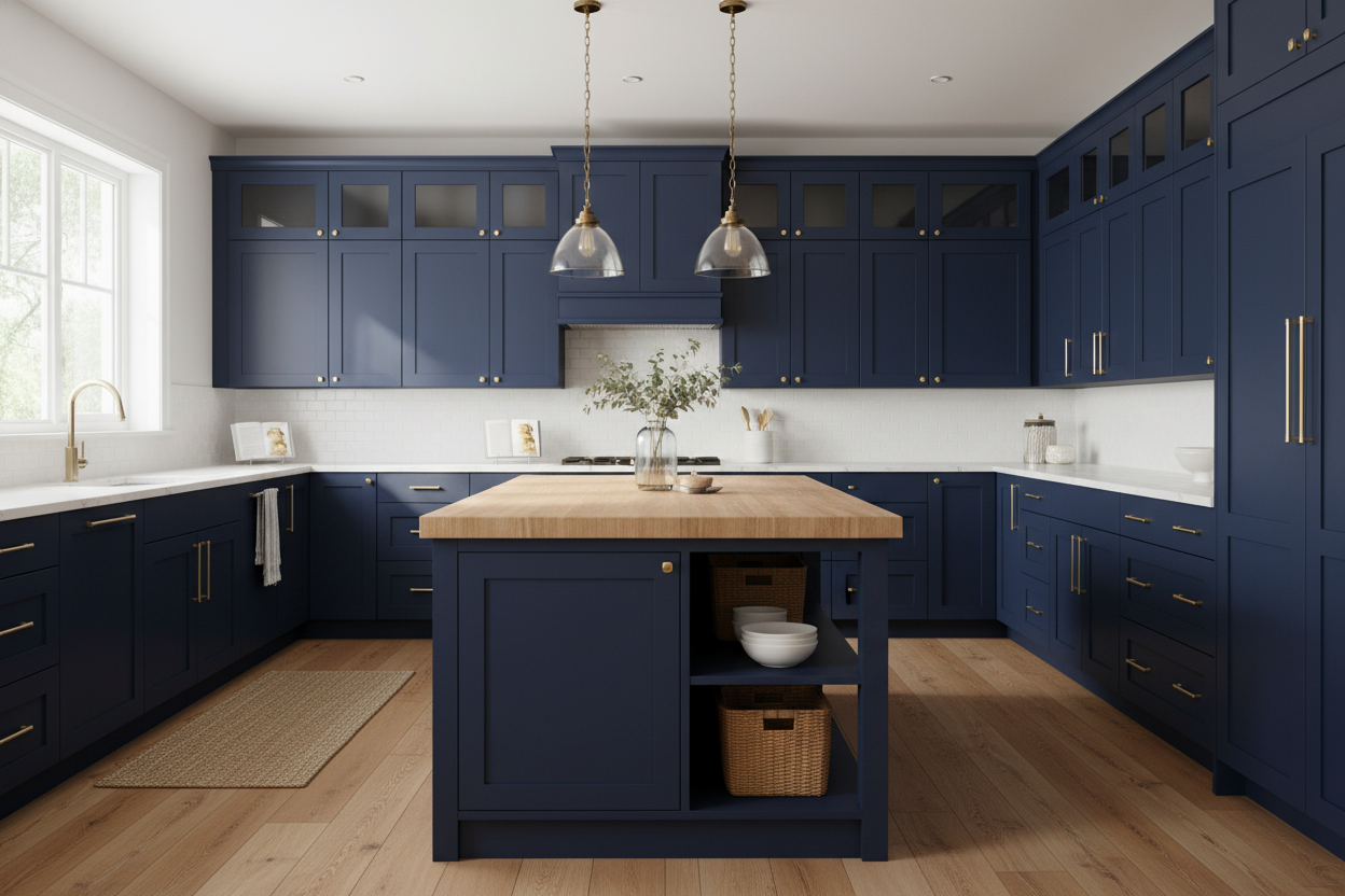 Full-overlay Shaker-style kitchen cabinets painted Sherwin Williams In the Navy (SW 9178), no face frame or gaps visible—only seamless door and drawer fronts aligned in one plane, all doors and drawers have recessed Shaker-style panels (no slab drawers), white quartz countertops, butcher-block island, brushed brass hardware, light oak flooring, warm natural daylight, coastal farmhouse decor, ultra-realistic 8k rendering.