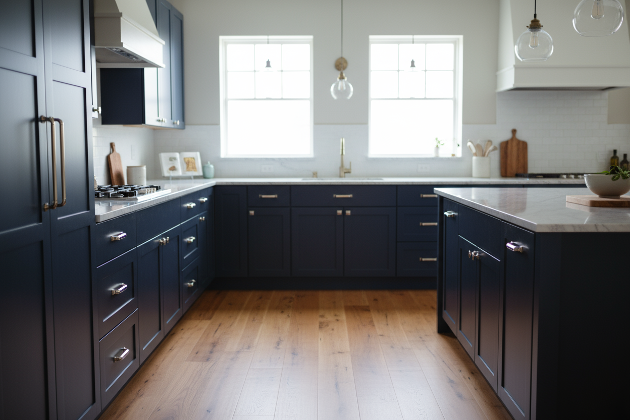 Transitional kitchen design with Sherwin-Williams In the Navy SW9178 cabinets