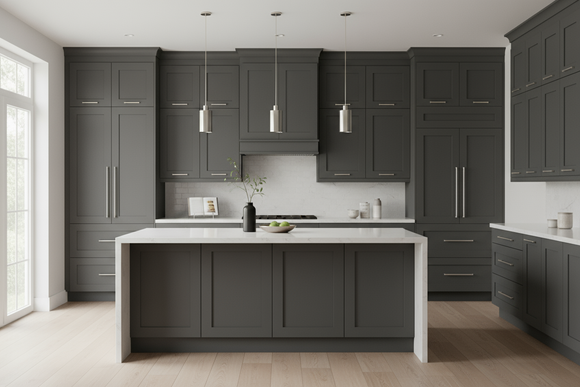 Full-overlay Shaker-style kitchen cabinets painted Sherwin Williams Peppercorn (SW 7674), no face frame visible, all drawers and doors use recessed Shaker panels (no slab fronts), white quartz waterfall island, brushed nickel hardware, concrete or light wood floors, minimal modern decor, soft daylight, cinematic 8k realism.