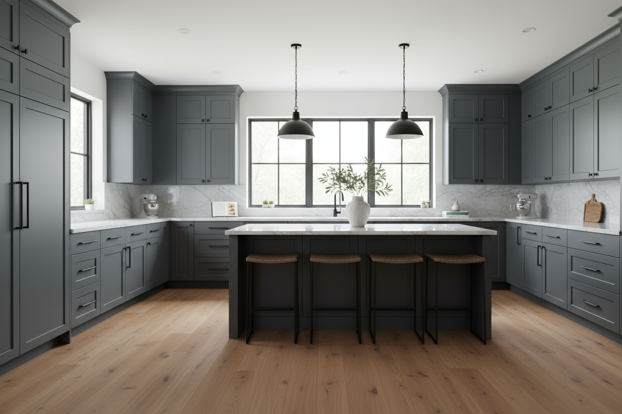 Transitional kitchen design with Sherwin-Williams Peppercorn SW7674 cabinets