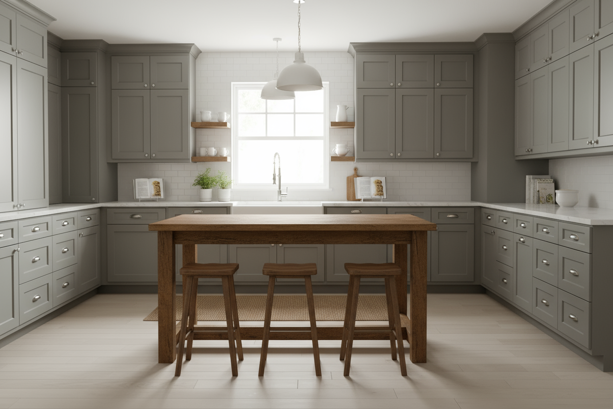 Transitional kitchen design with Sherwin-Williams Repose Gray SW7015 cabinets