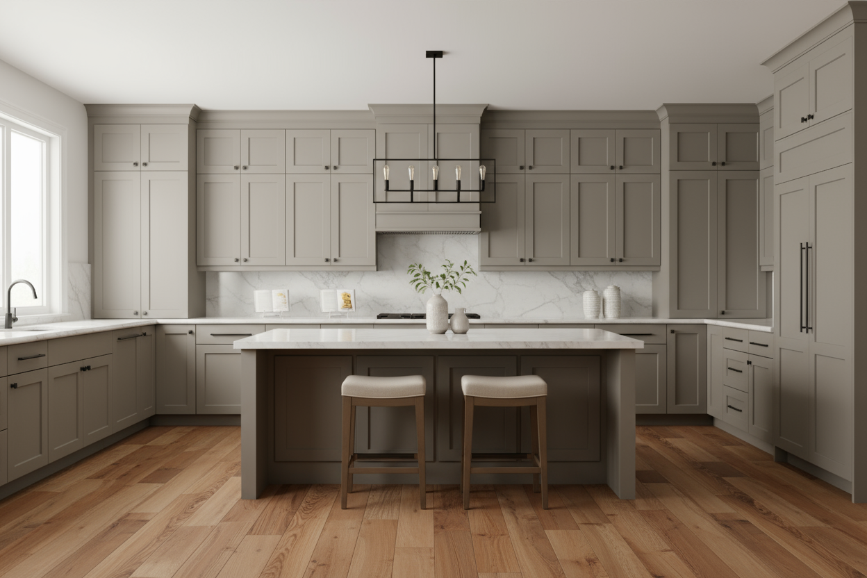 Full-overlay Shaker-style kitchen cabinets painted Sherwin Williams Repose Gray (SW 7015), no face frame visible, every drawer and door features recessed Shaker-style panels (not slab), marble countertops, matte black pulls, hickory flooring, soft daylight, transitional decor, photorealistic 8k cinematic rendering.