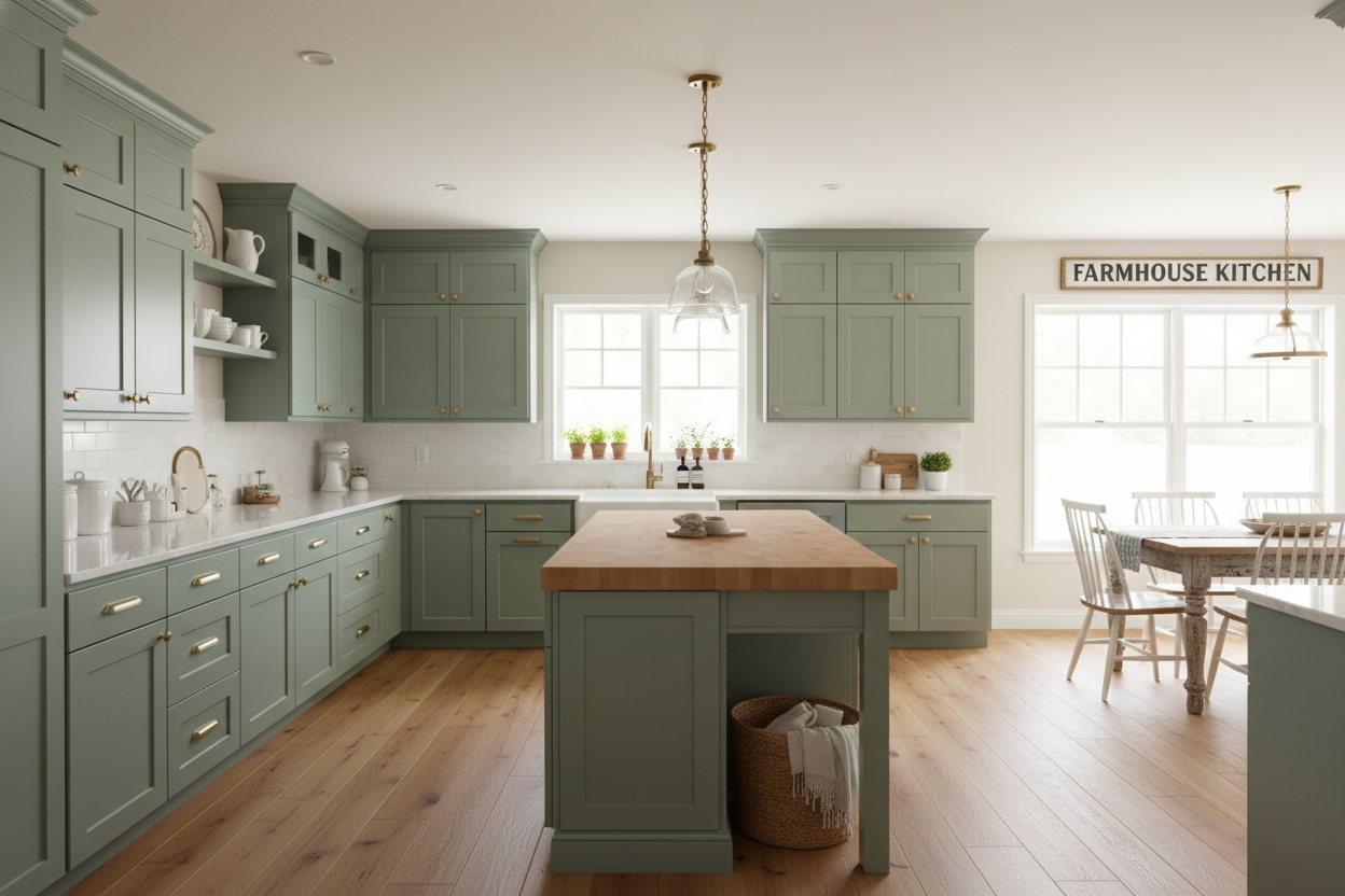 Full-overlay Shaker-style kitchen cabinets painted Sherwin Williams Retreat (SW 6207), no face frame or gaps visible—only seamless door and drawer fronts aligned in one plane, all doors and drawers have recessed Shaker-style panels (no slab drawers), white quartz countertops, butcher-block island, brushed brass hardware, light oak flooring, warm natural daylight, rustic farmhouse decor, ultra-realistic 8k rendering.