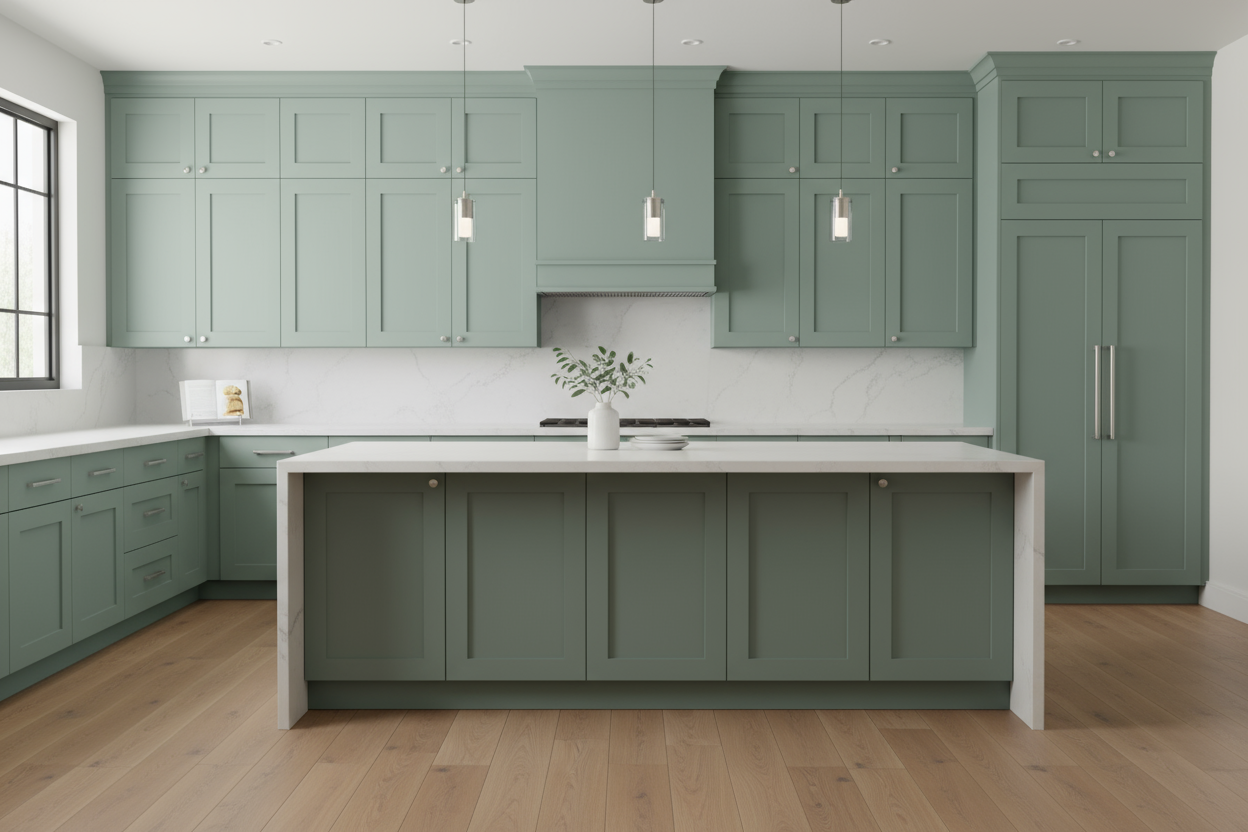 Full-overlay Shaker-style kitchen cabinets painted Sherwin Williams Retreat (SW 6207), no face frame visible, all drawers and doors use recessed Shaker panels (no slab fronts), white quartz waterfall island, brushed nickel hardware, light oak or concrete flooring, minimalist decor, soft daylight, cinematic 8k realism.