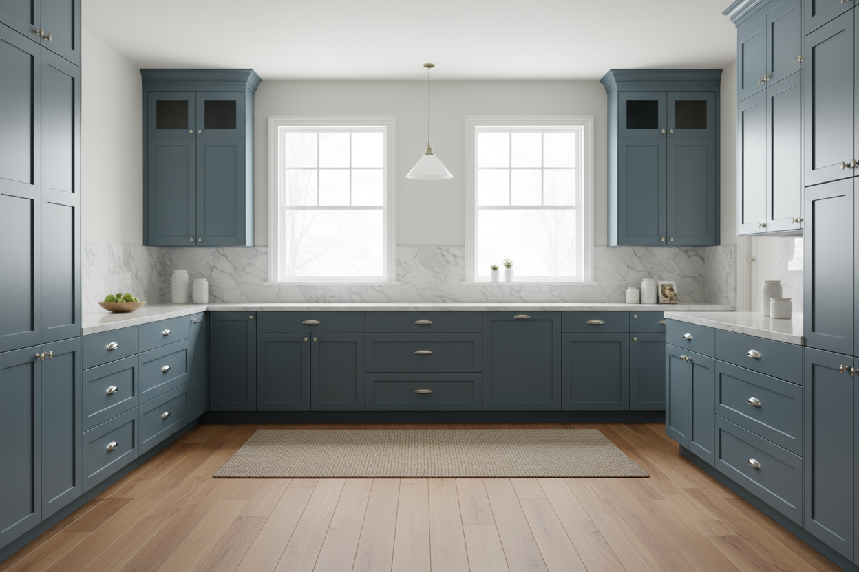 Full-overlay Shaker-style kitchen cabinets painted Sherwin Williams Smoky Blue (SW 7604), no face frame visible, every drawer and door features recessed Shaker-style panels (not slab), marble countertops, polished nickel pulls, hickory flooring, large windows with soft daylight, transitional decor, photorealistic 8k cinematic rendering.