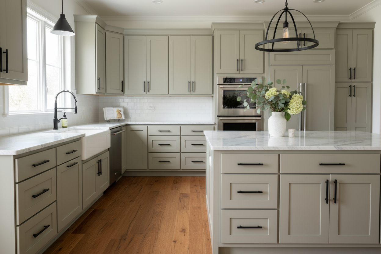 Full-overlay Shaker-style kitchen cabinets painted Sherwin Williams Universal Khaki (SW 6150), no face frame visible, every drawer and door features recessed Shaker-style panels (not slab), marble countertops, matte black pulls, hickory flooring, soft daylight, transitional decor, photorealistic 8k cinematic rendering