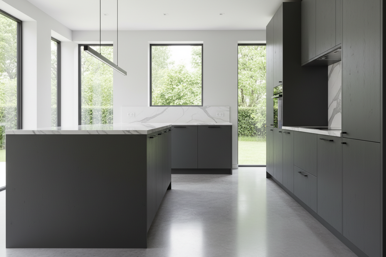 Transitional kitchen design with Sherwin-Williams Roycroft Pewter  SW2848 cabinets