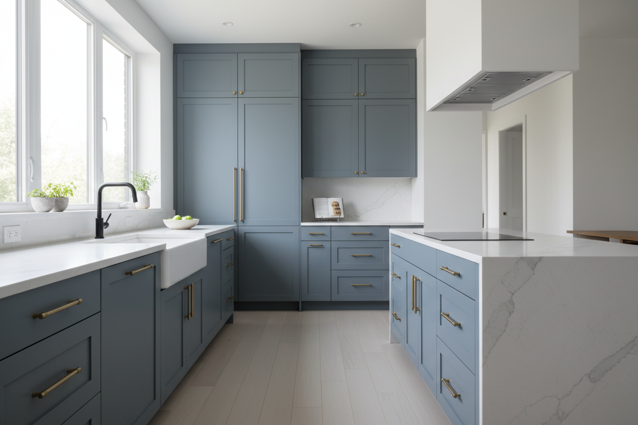 Transitional kitchen design with Sherwin-Williams Stardew SW9138 cabinets