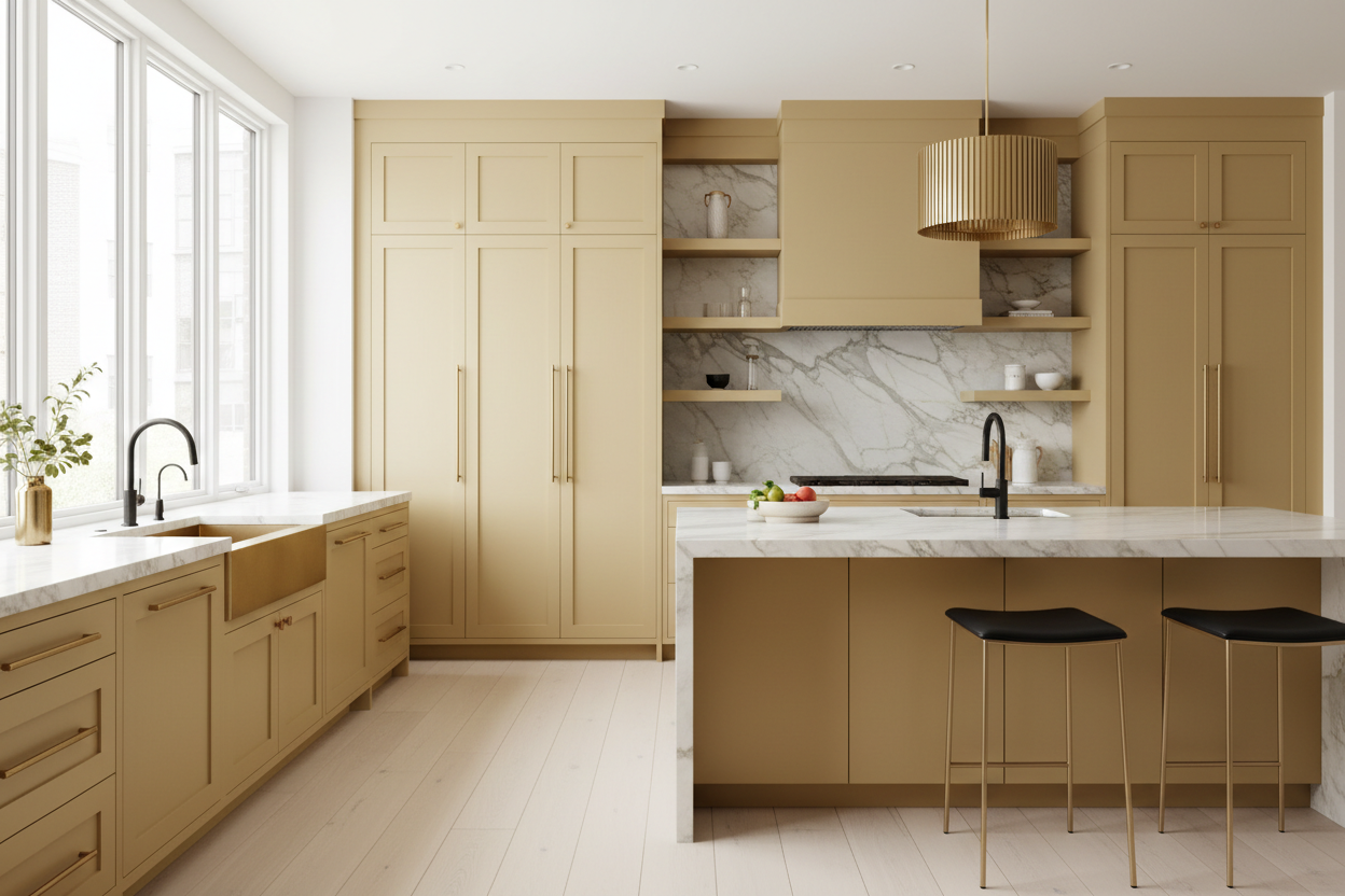 Transitional kitchen design with Sherwin-Williams Cachet Cream SW6371 cabinets