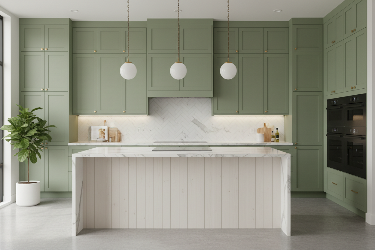 Transitional kitchen design with Sherwin-Williams Softened Green SW6177 cabinets