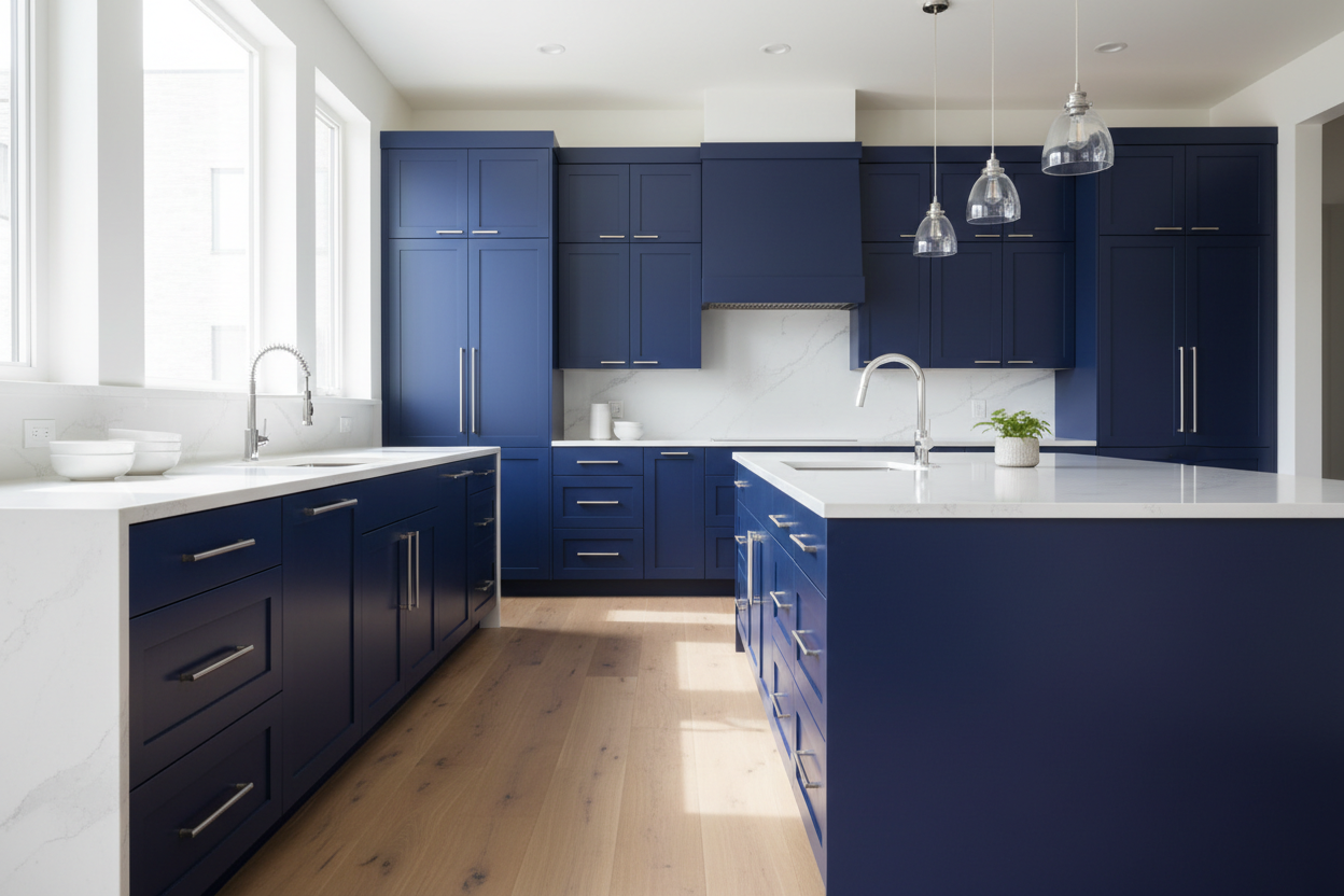 Transitional kitchen design with Sherwin-Williams Indigo Batik SW7602 cabinets
