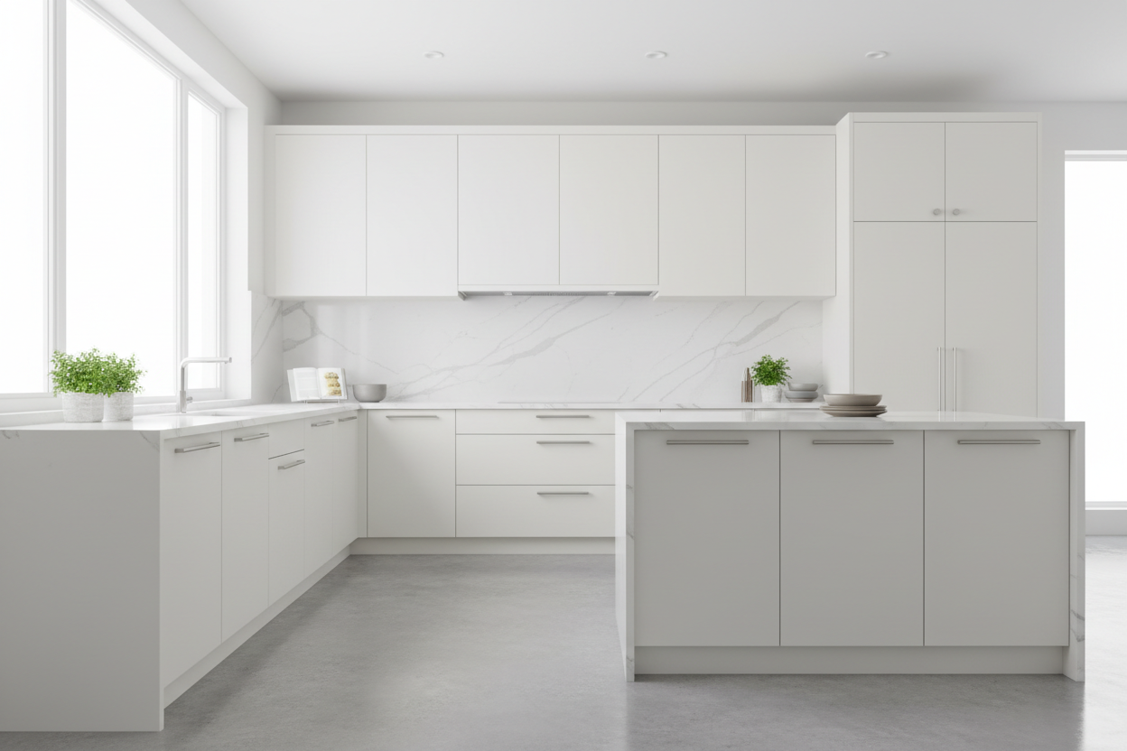 full overlay slab cabinets painted Sherwin-Williams Ivory Lace (SW 7013); satin finish; white quartz or marble; chrome or nickel hardware; polished concrete or oak flooring; natural daylight; crisp 8k realism.
