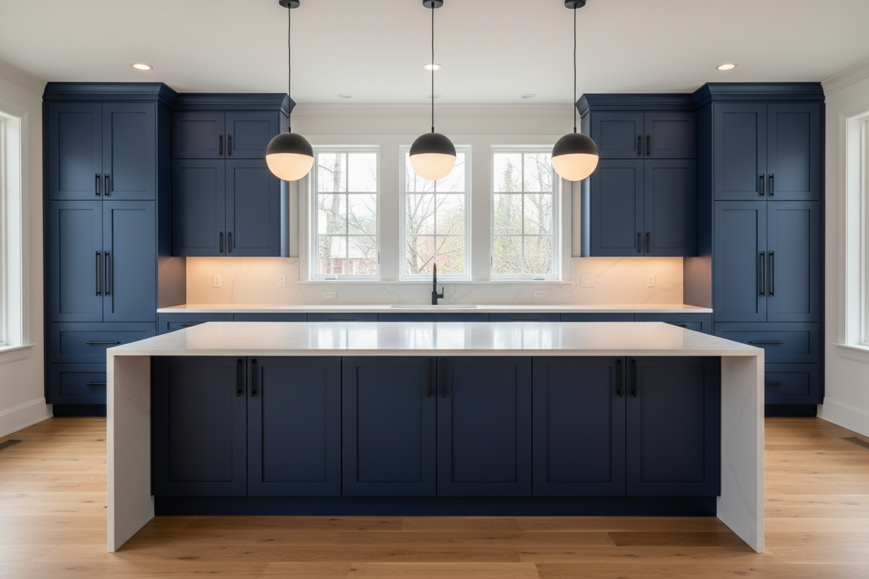 High-resolution modern kitchen with full-overlay Shaker or flat-panel cabinets painted in a deep navy blue similar to Sherwin-Williams Naval (SW 6244). Large island with waterfall white quartz countertops, matte black hardware, light wood floors, simple modern pendant lighting. Warm layered lighting with natural daylight accents, high-end dramatic feel, clean styling, no people, no text or branding.