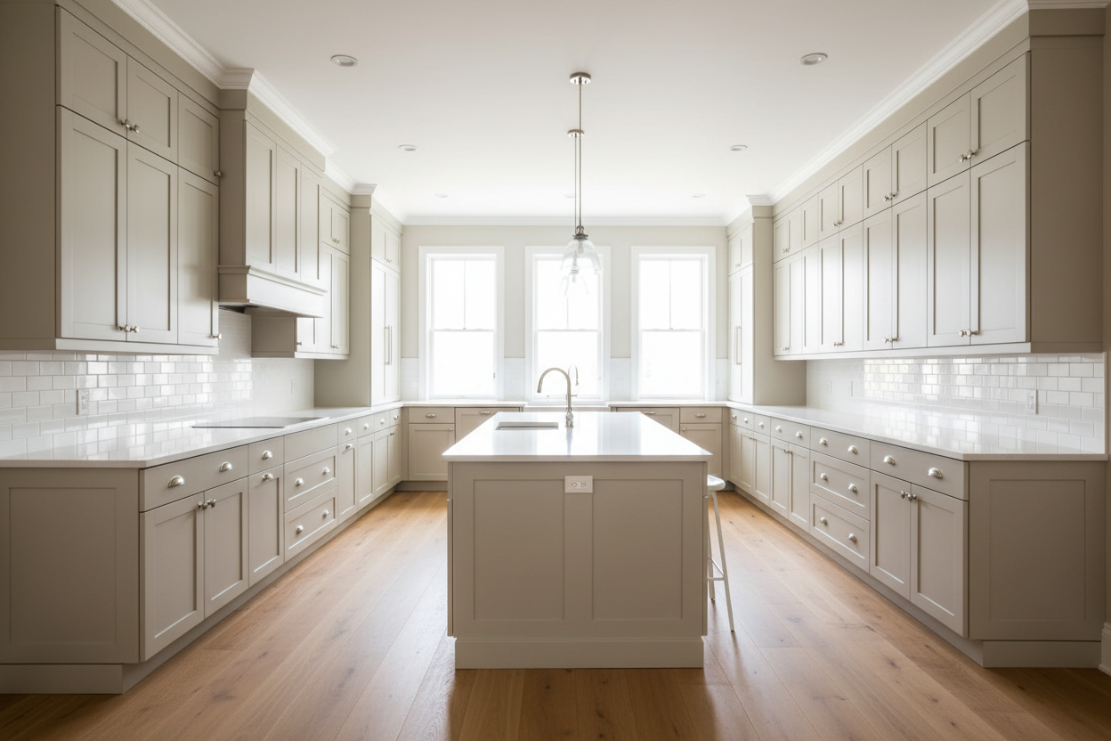 High-resolution wide-angle photo of a bright kitchen with full-overlay Shaker cabinets painted in a light greige similar to Sherwin-Williams Agreeable Gray (SW 7029). White quartz countertops, white subway tile backsplash, brushed nickel hardware, light oak flooring, abundant natural daylight, clean timeless aesthetic, no people, no text.