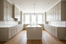 High-resolution wide-angle photo of a bright kitchen with full-overlay Shaker cabinets painted in a light greige similar to Sherwin-Williams Agreeable Gray (SW 7029). White quartz countertops, white subway tile backsplash, brushed nickel hardware, light oak flooring, abundant natural daylight, clean timeless aesthetic, no people, no text.