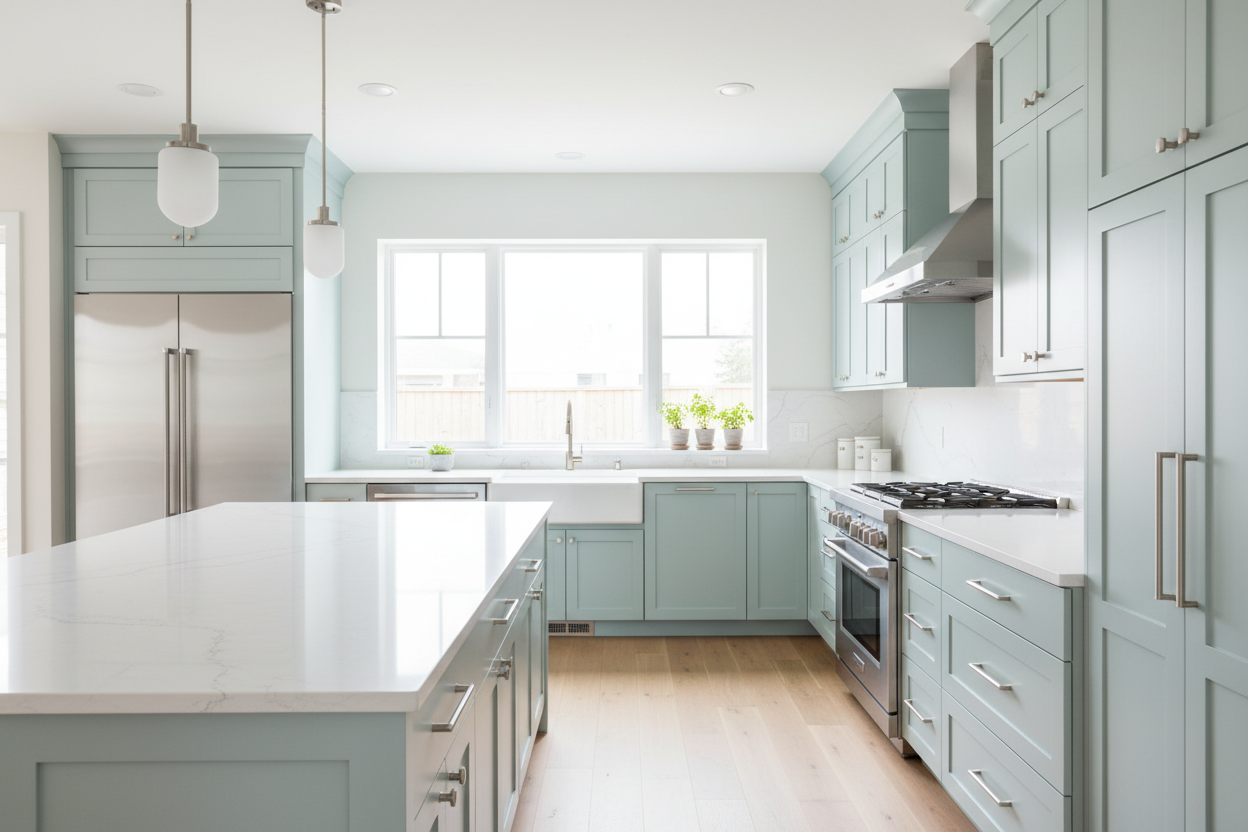 Transitional kitchen design with Sherwin-Williams Lullaby SW 9144 cabinets