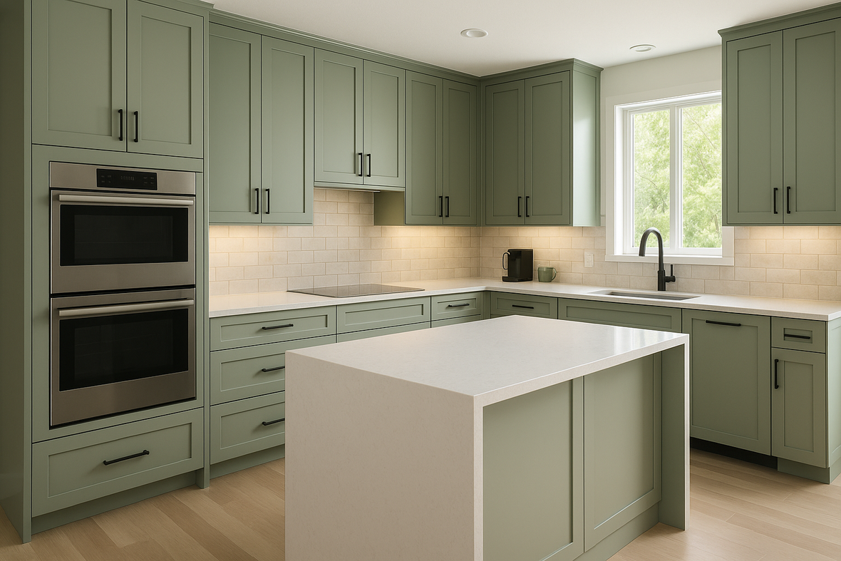 Sherwin-Williams® Evergreen Fog (SW 9130) Kitchen Cabinets – Shaker ...