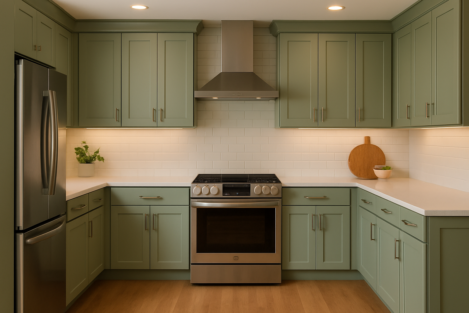Transitional kitchen design with Sherwin-Williams Clary Sage SW 6178 cabinets