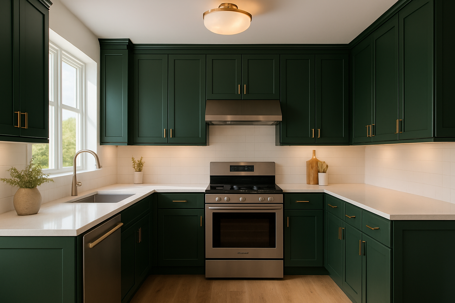Transitional kitchen design with Sherwin-Williams Dard Hunter Green SW0041 cabinets