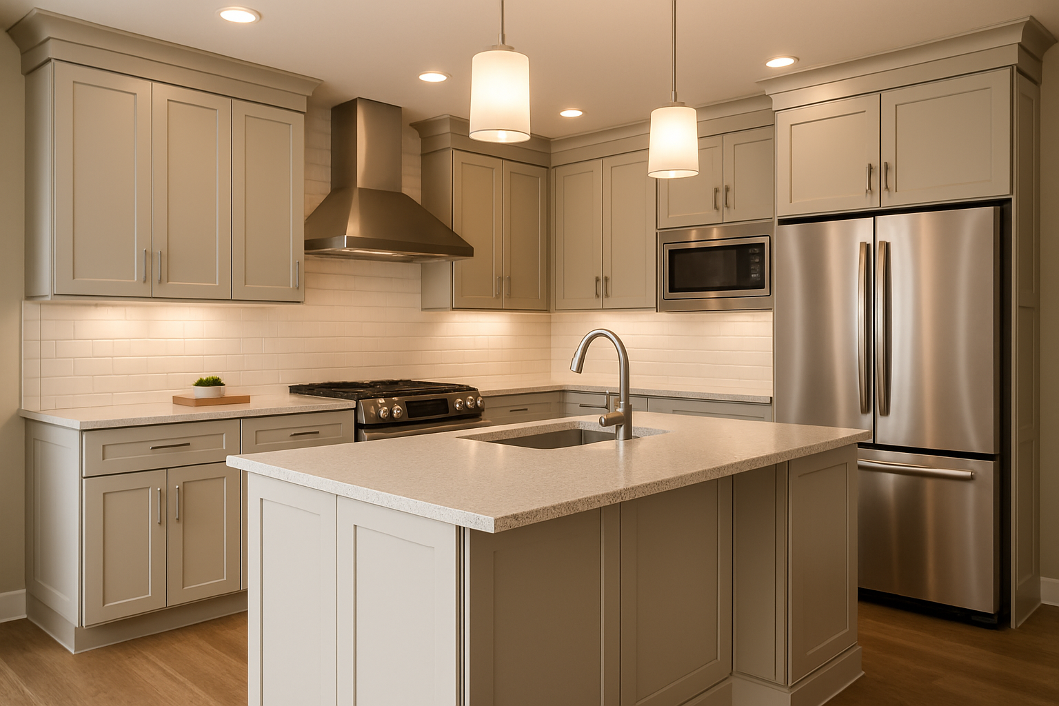 Transitional kitchen design with Sherwin-Williams Agreeable Gray SW7029 cabinets