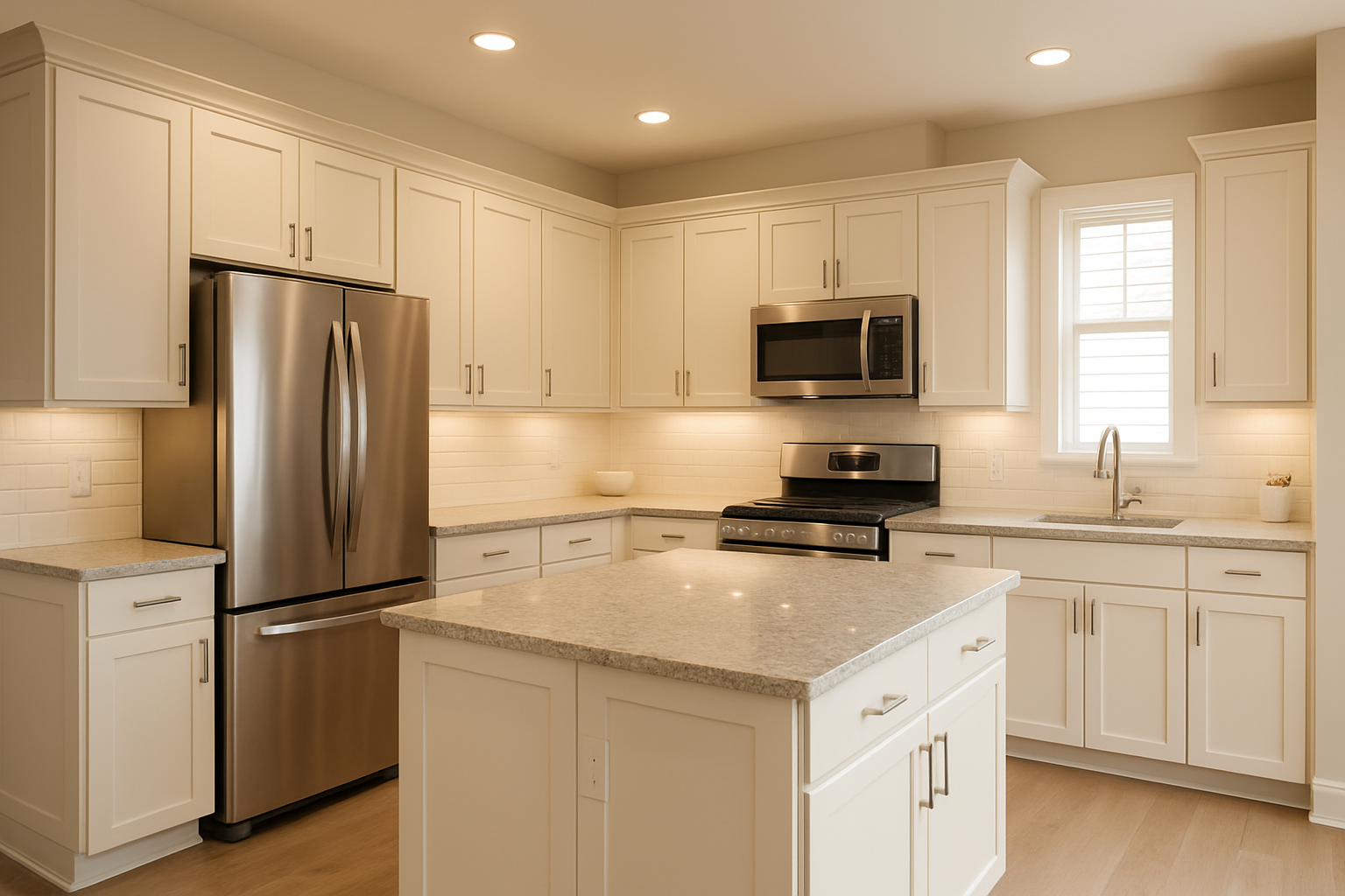 Transitional kitchen design with Sherwin-Williams Alabaster SW 7008 cabinets