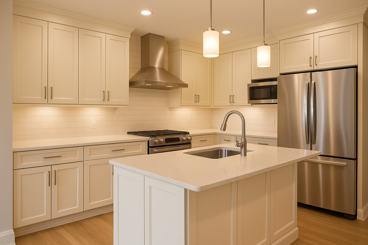 Transitional kitchen design with Sherwin-Williams Creamy SW7012 cabinets