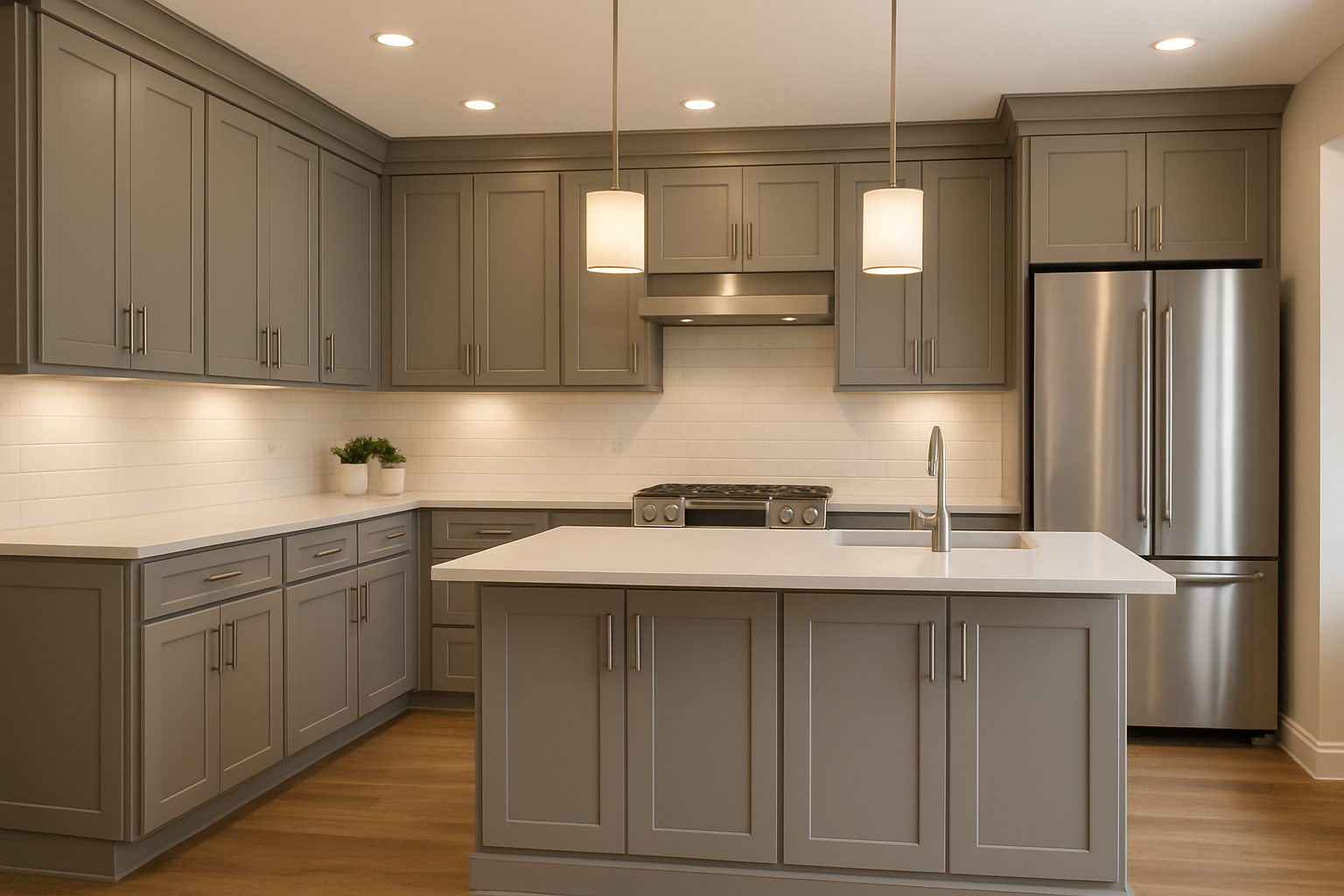 Transitional kitchen design with Sherwin-Williams Dorian Gray SW7017 cabinets