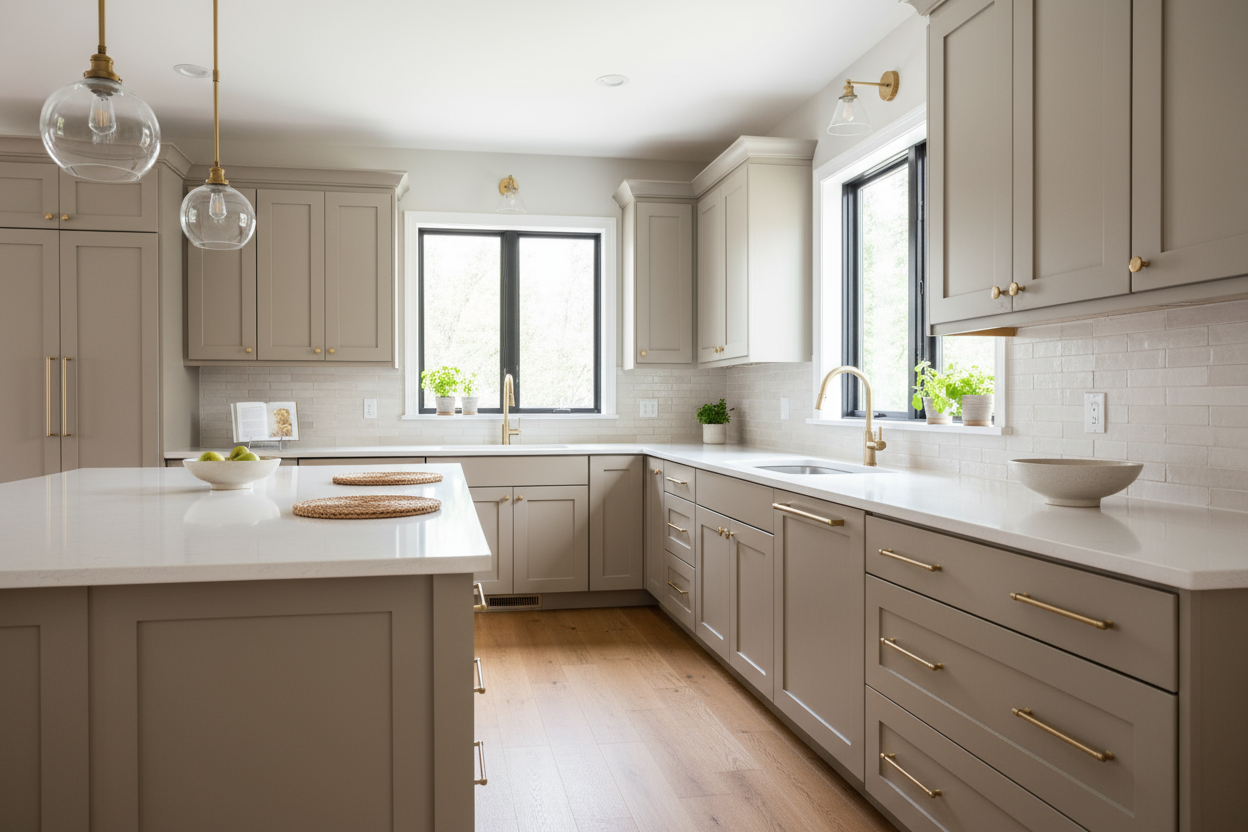 kitchen with shaker cabinets in sherwin williams universal khaki