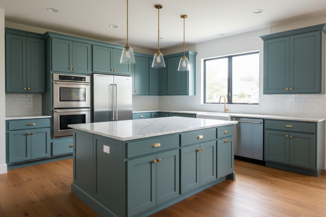 Transitional kitchen design with Sherwin-Williams Mediterranean SW 7617 cabinets