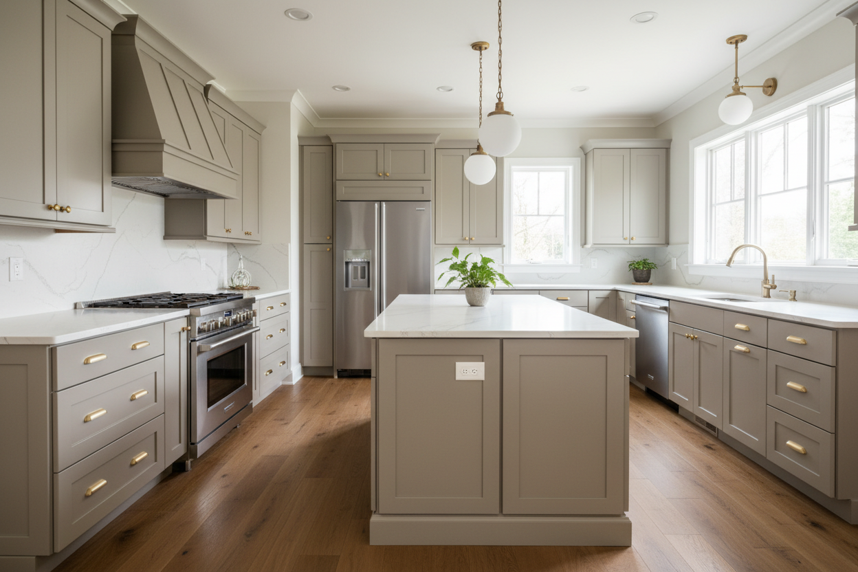Sherwin-Williams Mega Greige SW 7031 kitchen cabinets