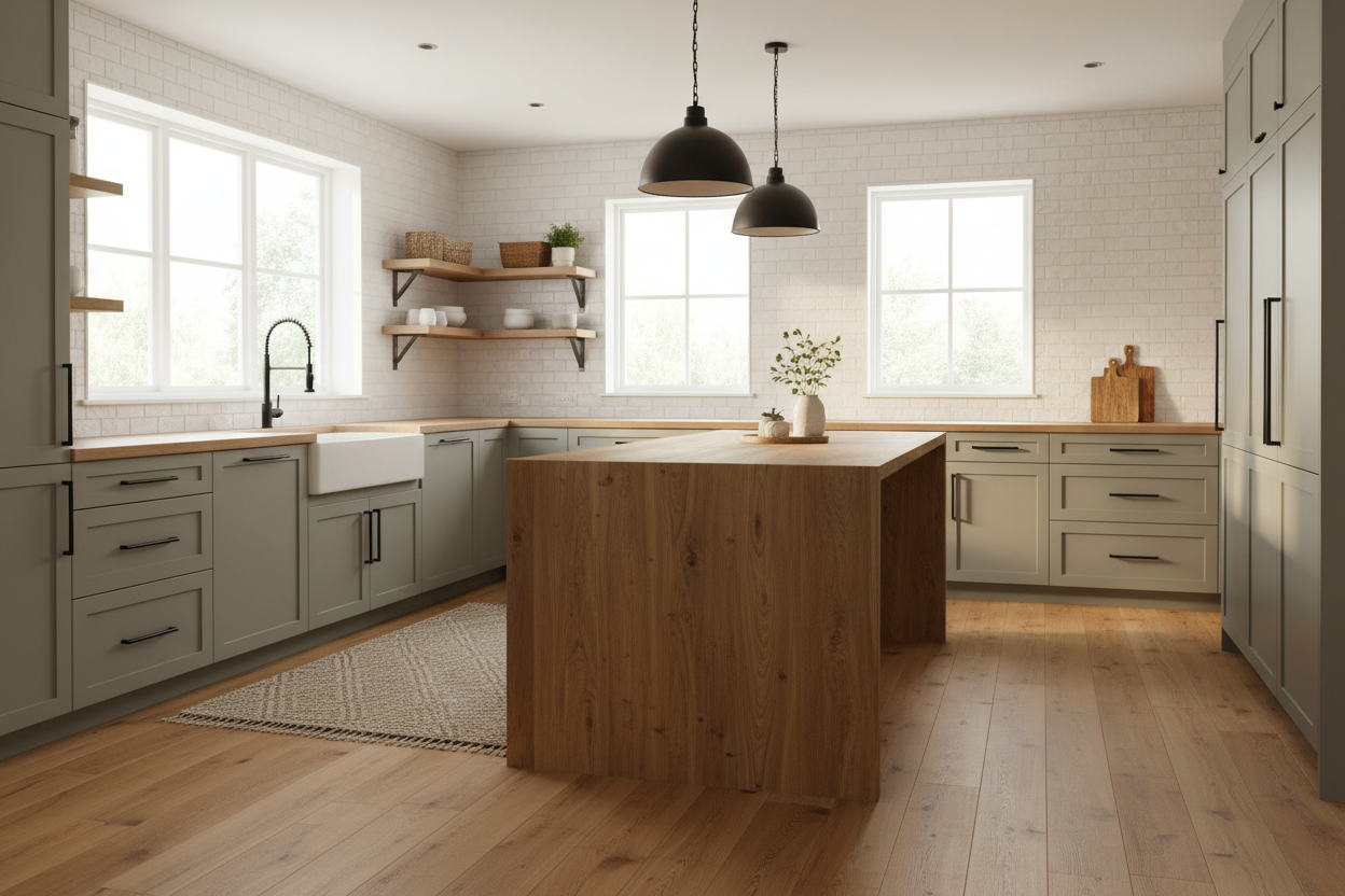 Transitional kitchen design with Sherwin-Williams Mega Greige SW 7031 cabinets