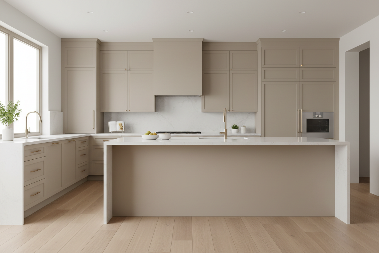 Transitional kitchen design with Sherwin-Williams Redend Point SW 9081 cabinets