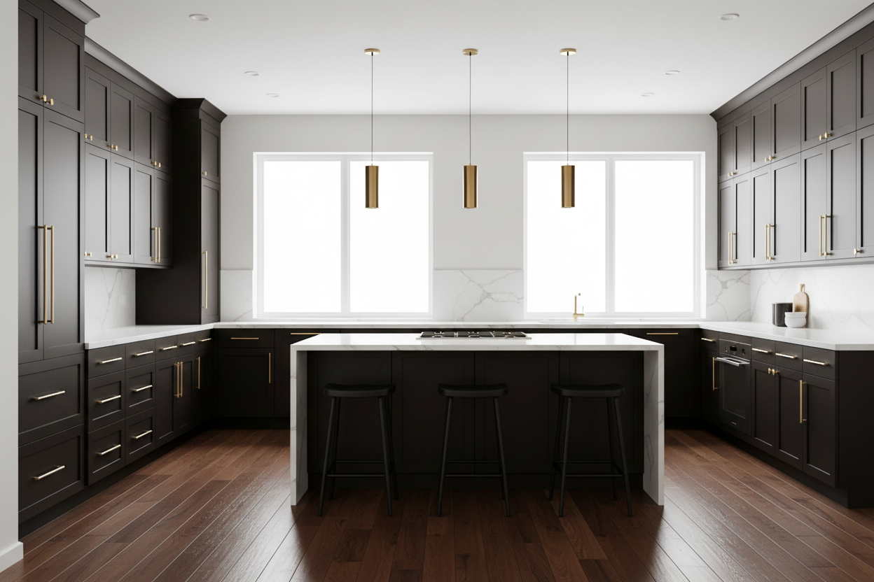 Transitional kitchen design with Sherwin-Williams Black Bean SW 6006 cabinets