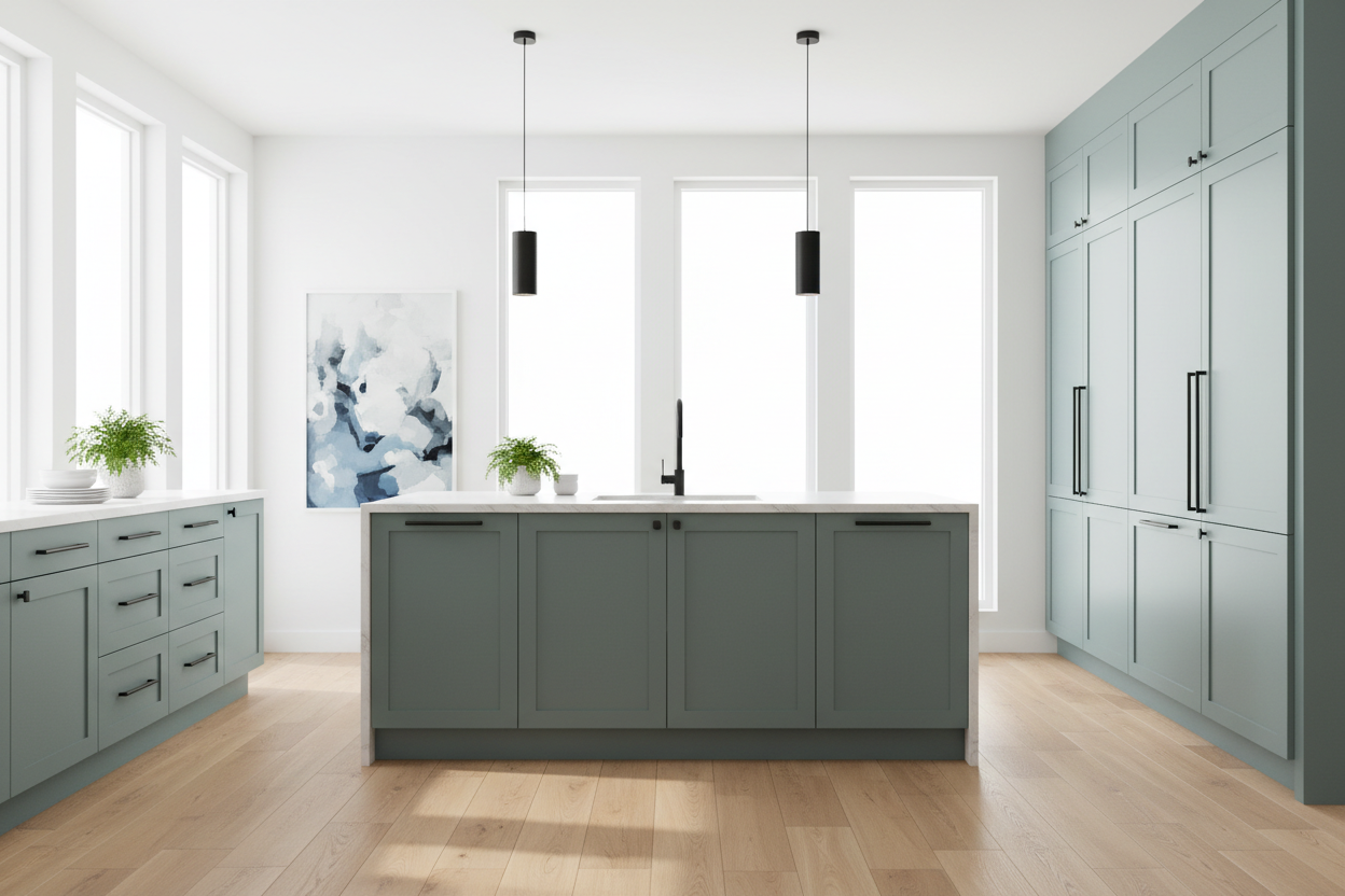 Transitional kitchen design with Sherwin-Williams Oyster Bay SW 6206 cabinets