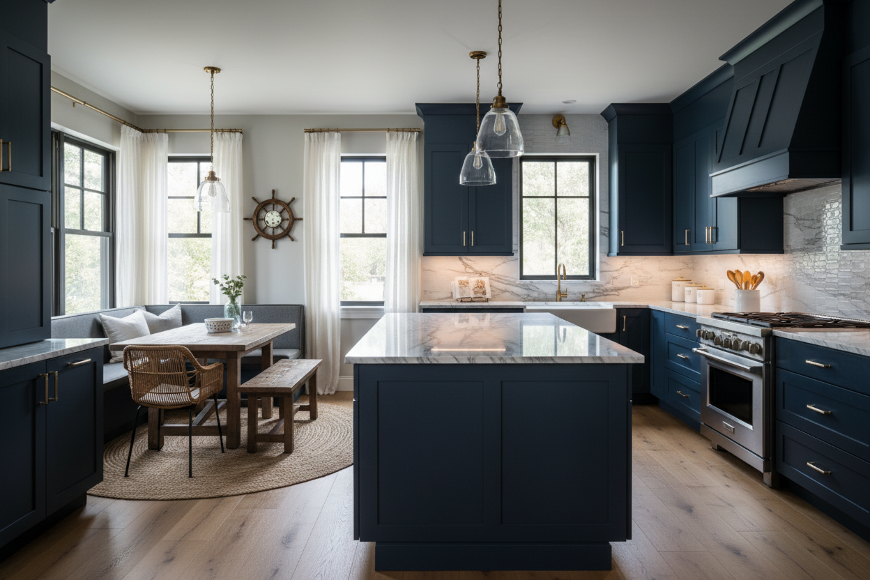 Transitional kitchen design with Sherwin-Williams Dark Knight SW 6237 cabinets