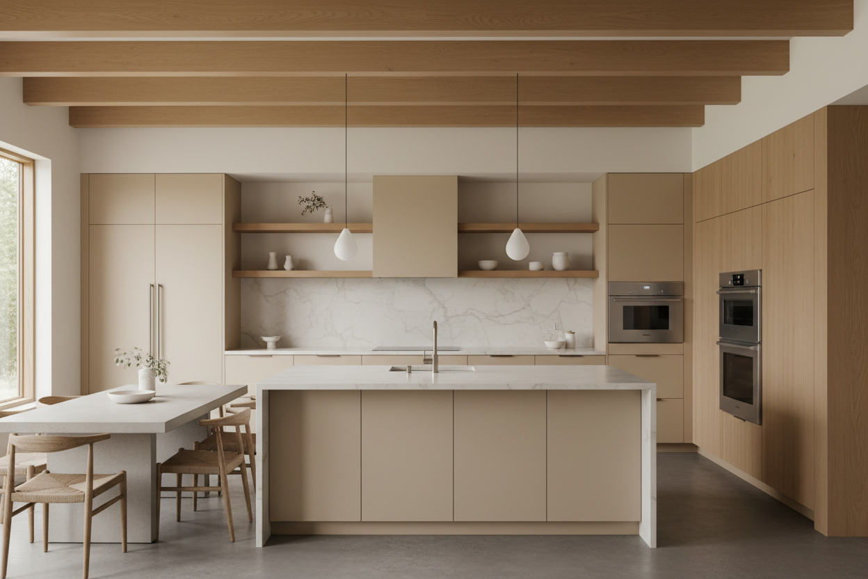 Transitional kitchen design with Sherwin-Williams Macadamia SW 6142 cabinets