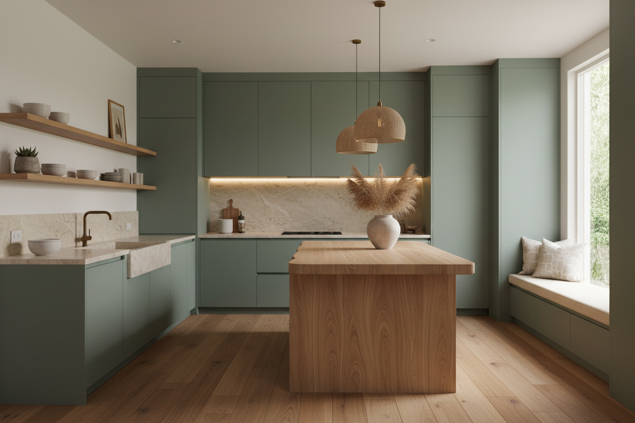 Transitional kitchen design with Sherwin-Williams Saybrook Sage SW 6208 cabinets