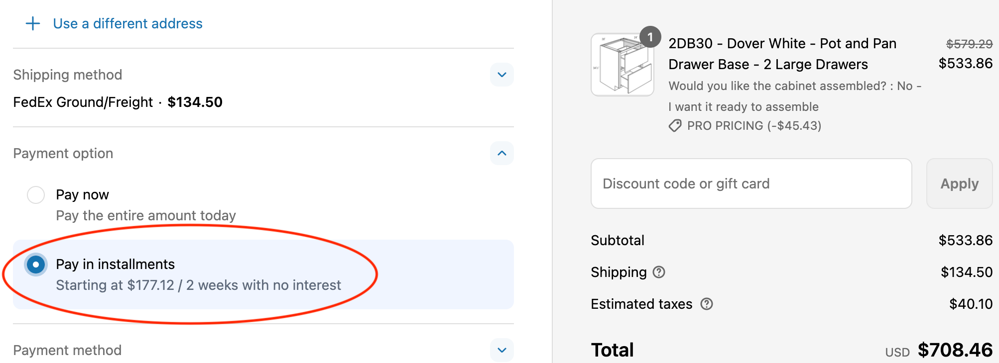 Pay in installments screen shot