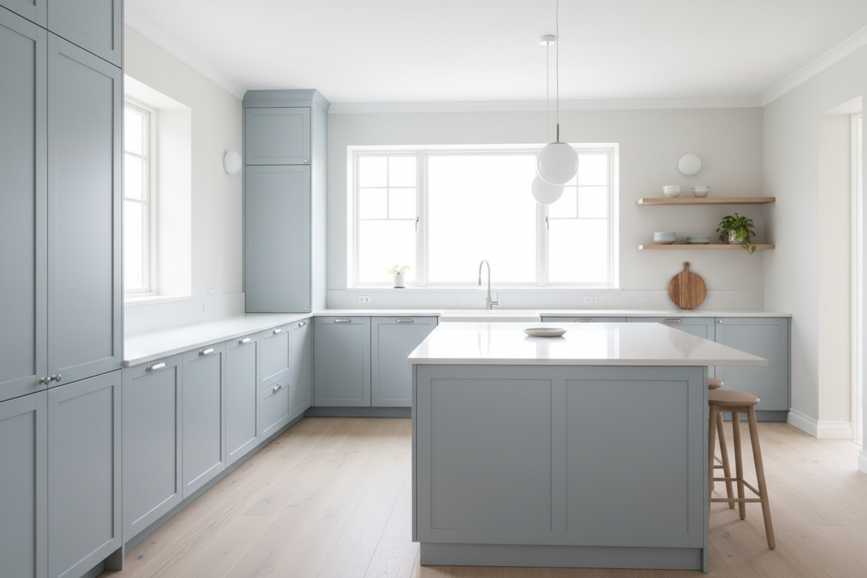 Transitional kitchen design with Sherwin-Williams North Star SW 6246 cabinets