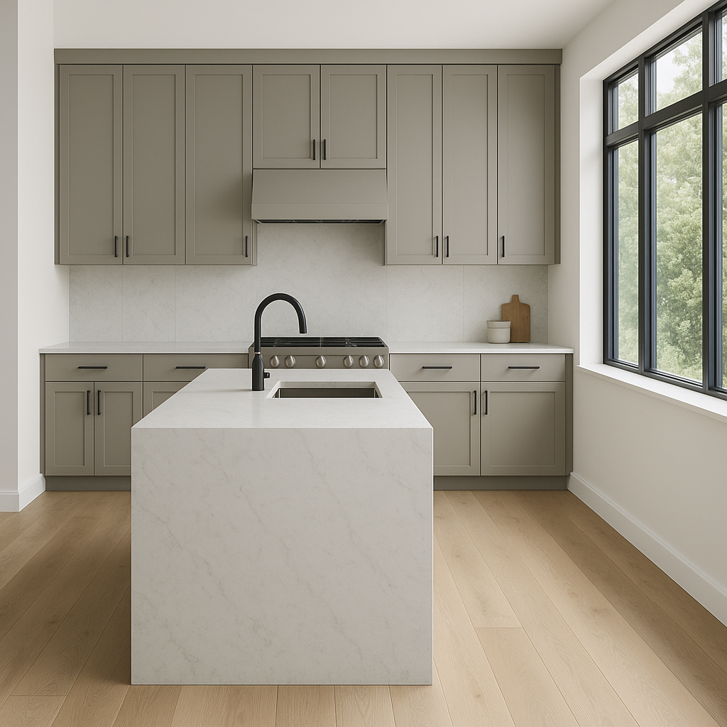 Transitional kitchen design with Sherwin-Williams Gray Area SW7052 cabinets